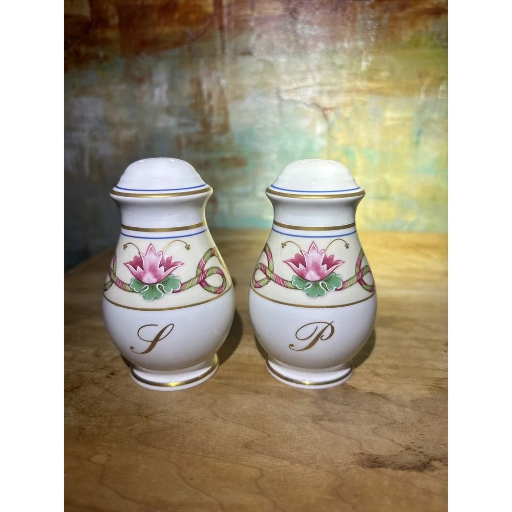 Floral Porcelain Salt and Pepper Shaker Set Gold Trim Pink Lotus Baluster Style